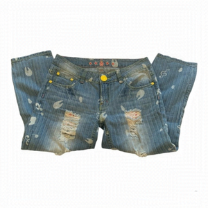 Vintage Y2K Super Crazy Jeans Rare Bleach Music Note Denim Cropped  Capris